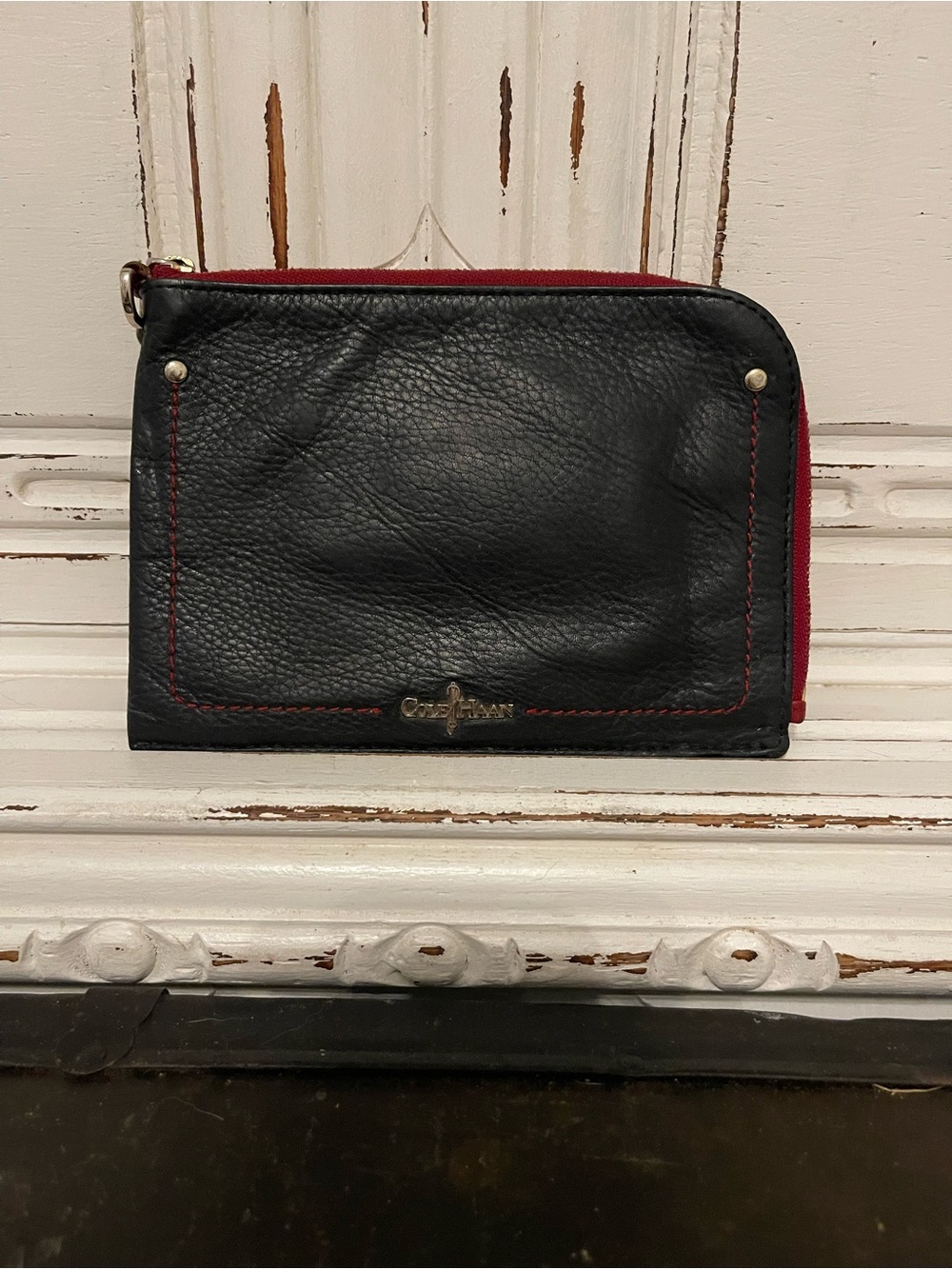 Cole Haan Black Leather Zip Pouch with Red Trim and Gold Hardware